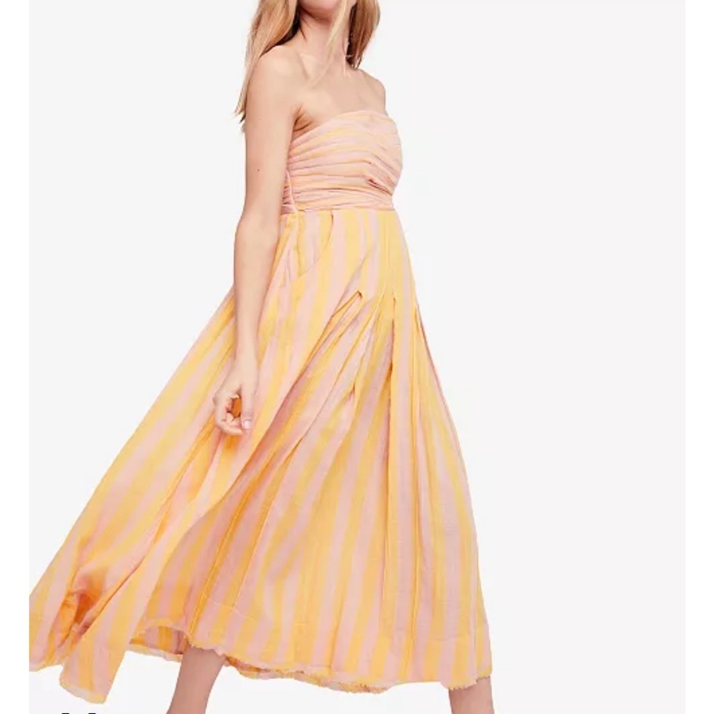 Free People Pink and Yellow Striped Smocked Midi Dress Small